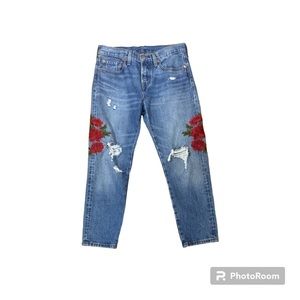 Levi's 501 Taper Distressed Cropped Jeans Floral Embroidery Button Fly L26 W27